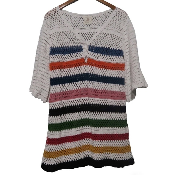 Muche et Muchette Crochet‎ Dress Boho Striped Rainbow Beach Cover Up V-neck OS - Picture 1 of 7